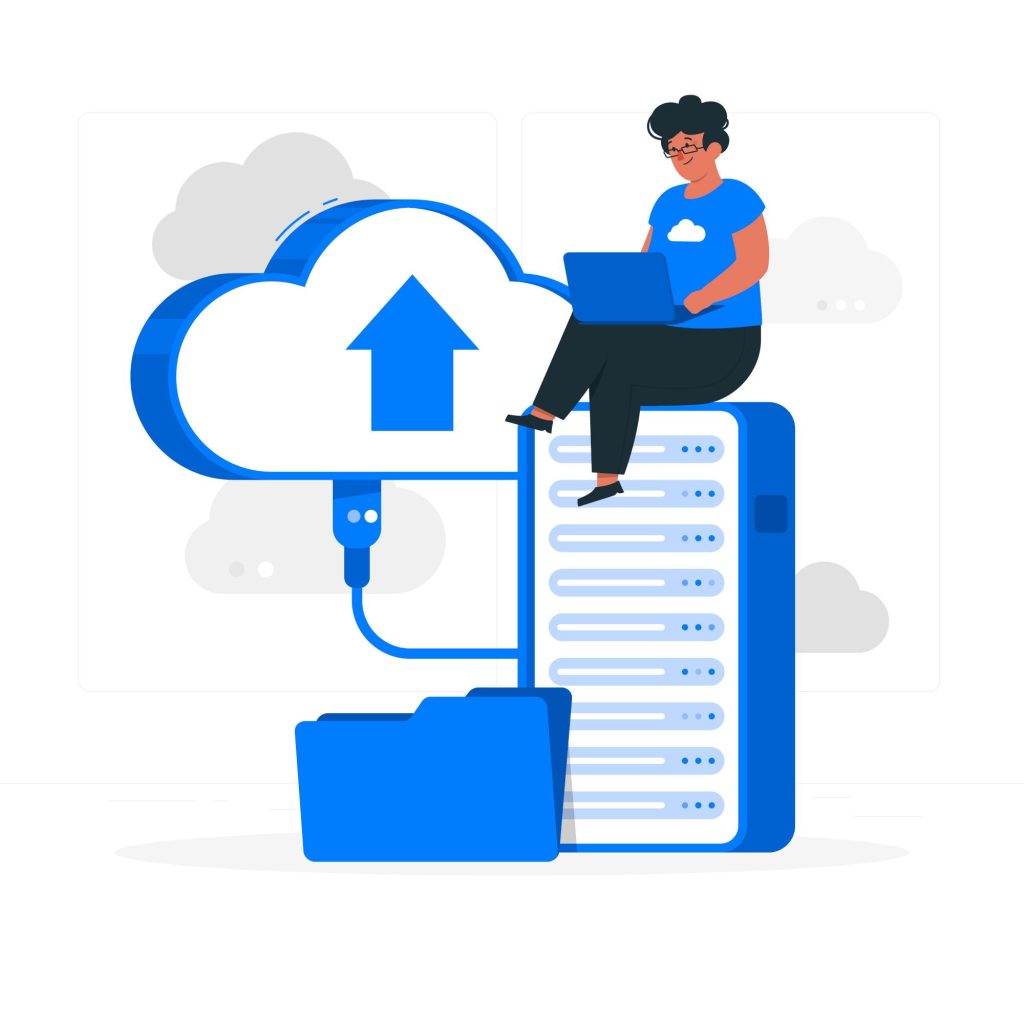 Personne assis sur un serveur avec un nuage qui est au fait le CLOUD