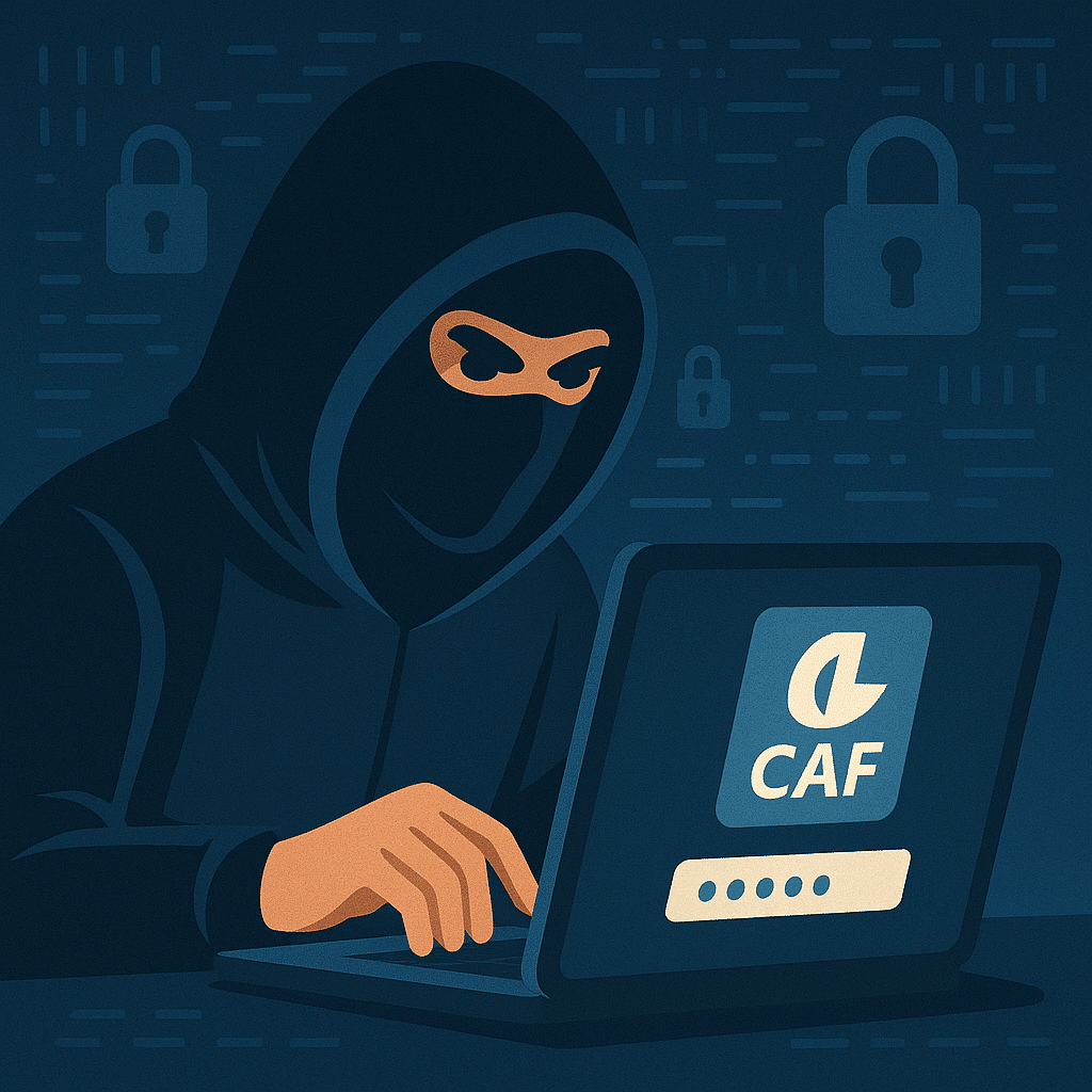 Hacker masqué en hoodie piratant un compte CAF sur un ordinateur portable, entouré de symboles de cadenas et de lignes de code