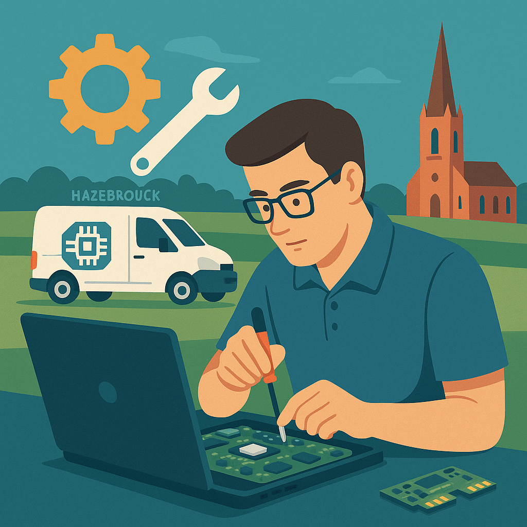 Technicien en dépannage informatique réparant un ordinateur portable en extérieur à Hazebrouck, avec camionnette de service et église en arrière-plan
